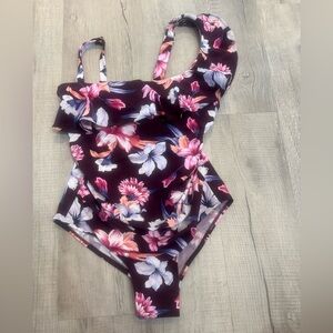 Kona Sol Floral Ruffle One Piece Swimsuit - Burgundy and Pink